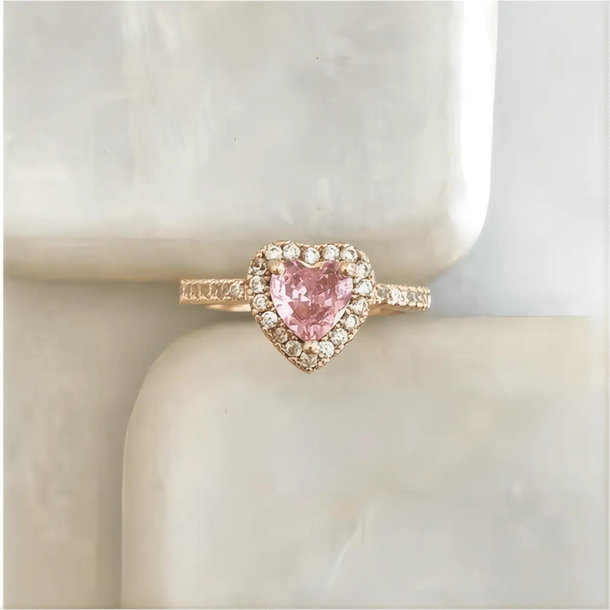 Cubic Zirconia Inlaid Pink Heart Ring
