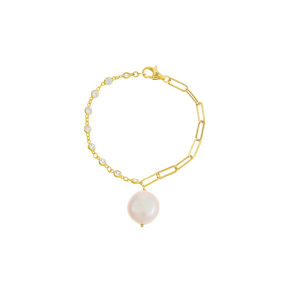CZ Bezel X Paperclip Pearl Chain Bracelet