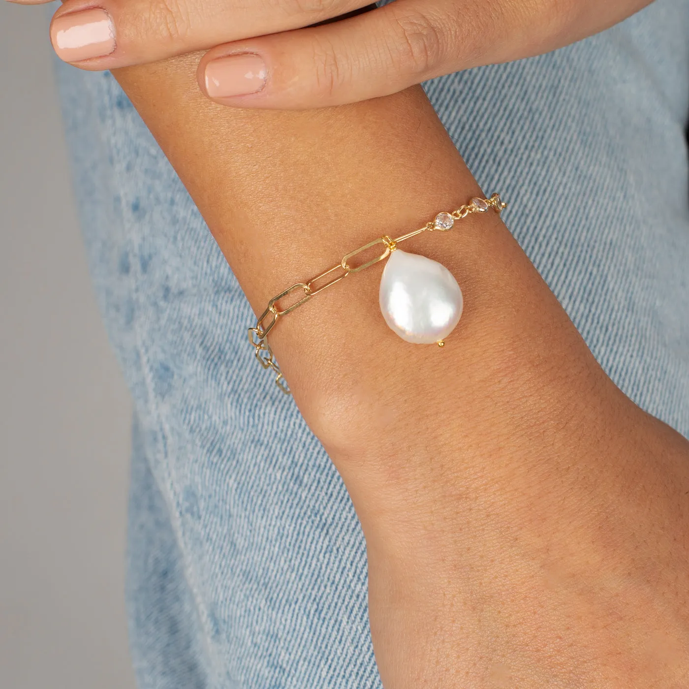 CZ Bezel X Paperclip Pearl Chain Bracelet