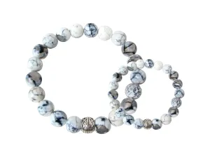 'Daddy & Me' Blue, Gray & White Fire Agate Bracelet Set