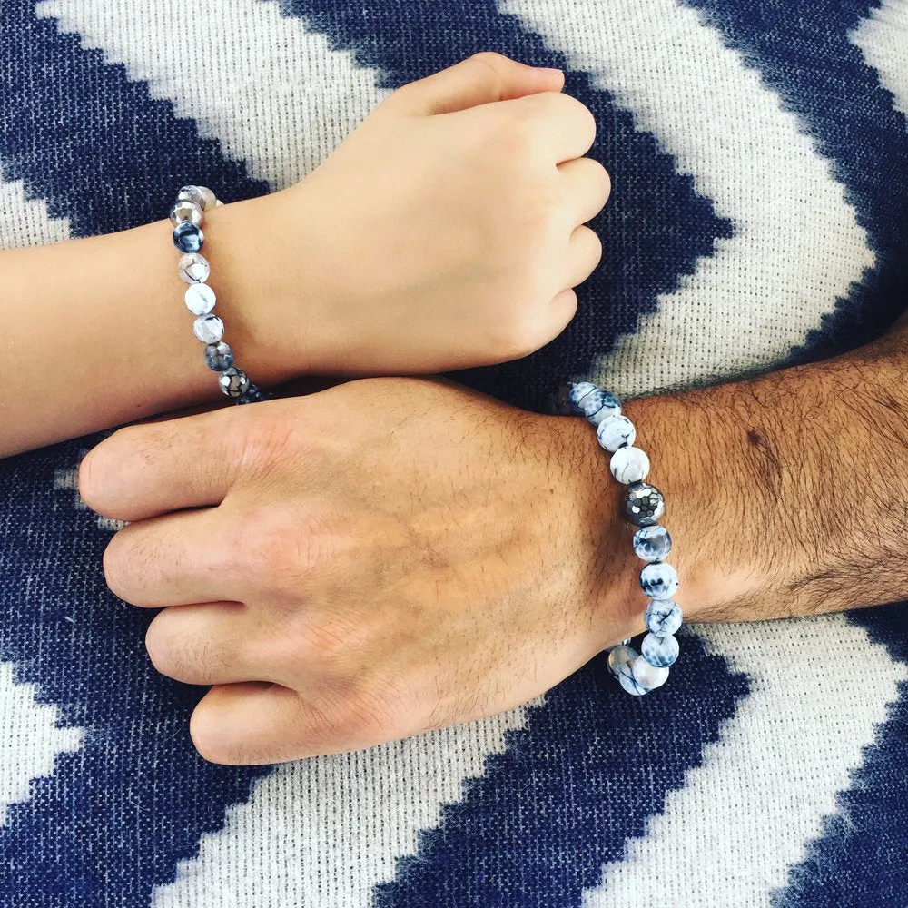 'Daddy & Me' Blue, Gray & White Fire Agate Bracelet Set
