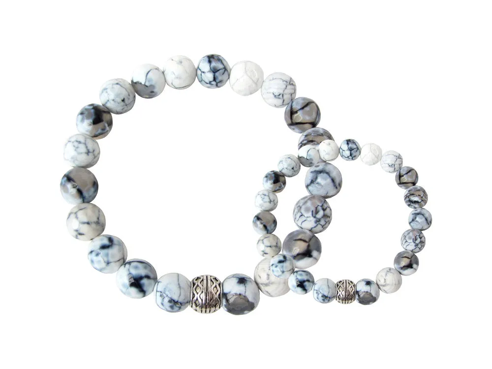 'Daddy & Me' Blue, Gray & White Fire Agate Bracelet Set