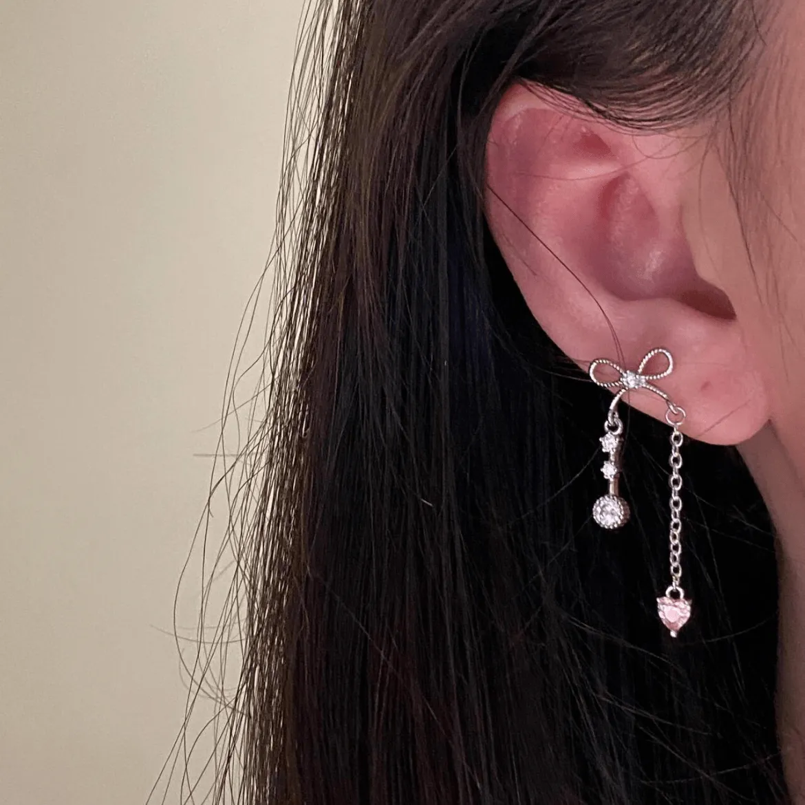 Dainty Bowknot Crystal Inlaid Heart Tassel Chain Earring