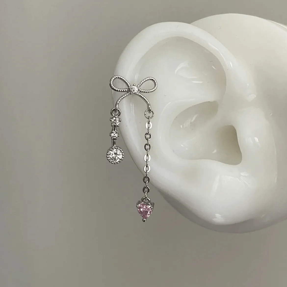 Dainty Bowknot Crystal Inlaid Heart Tassel Chain Earring
