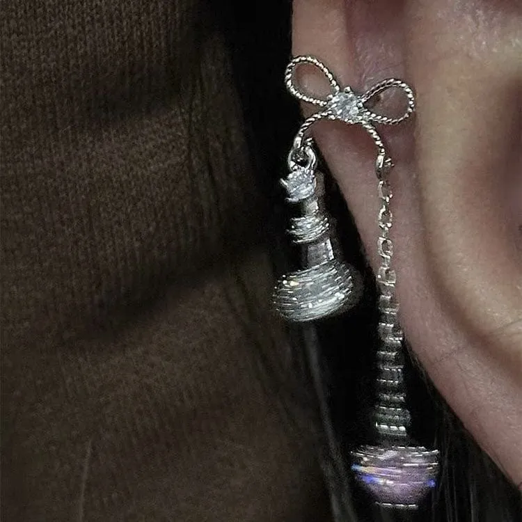 Dainty Bowknot Crystal Inlaid Heart Tassel Chain Earring