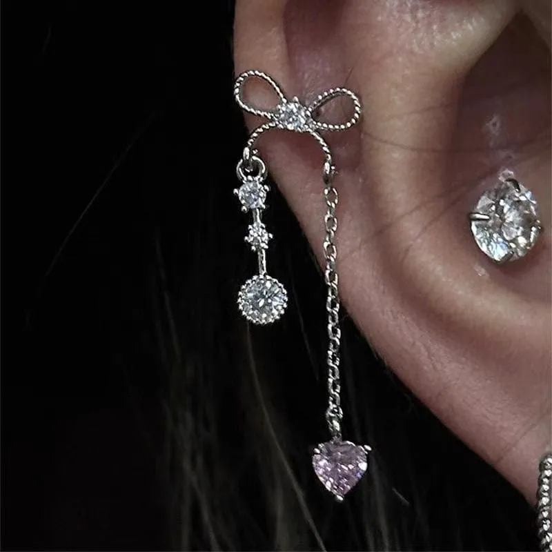 Dainty Bowknot Crystal Inlaid Heart Tassel Chain Earring