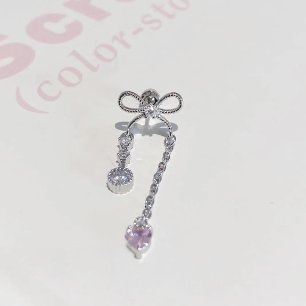 Dainty Bowknot Crystal Inlaid Heart Tassel Chain Earring