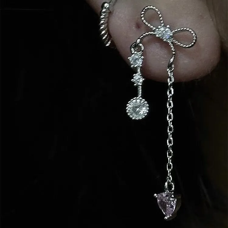 Dainty Bowknot Crystal Inlaid Heart Tassel Chain Earring