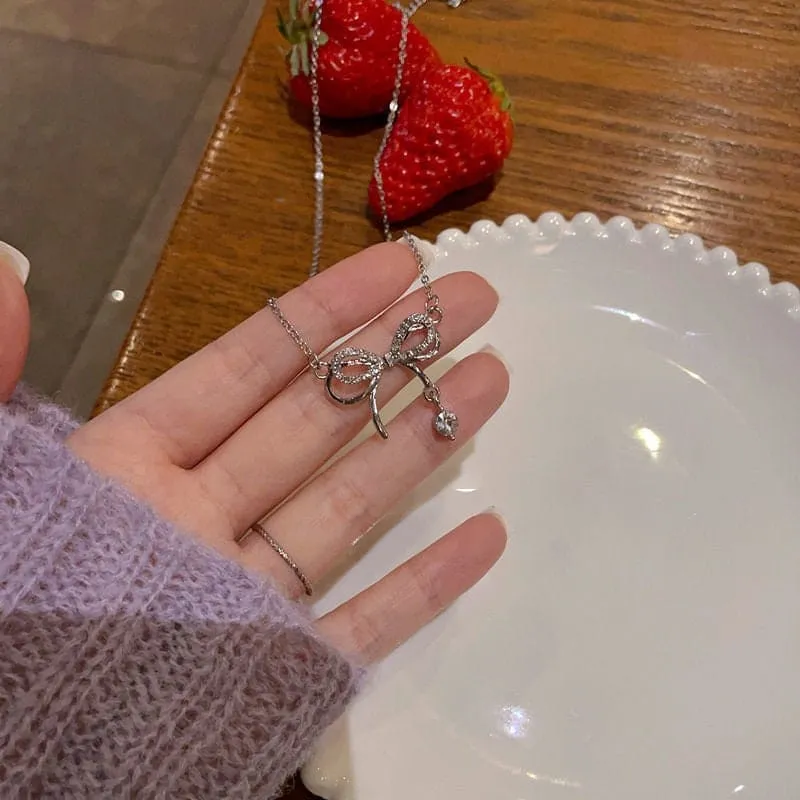 Dainty CZ Inlaid Bowknot Charm Necklace