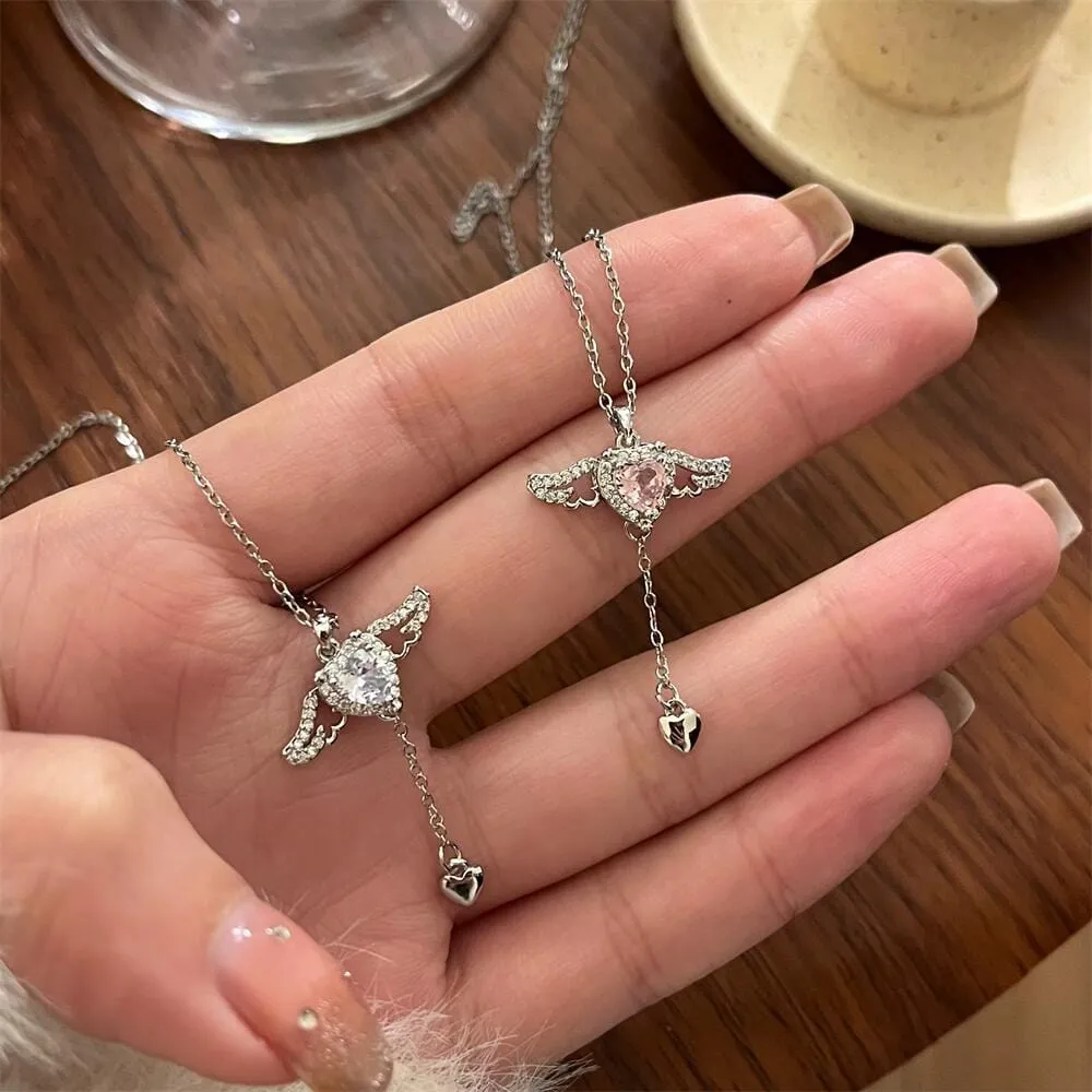 Dainty CZ Inlaid Crystal Cupid Heart Wings Matching Necklace