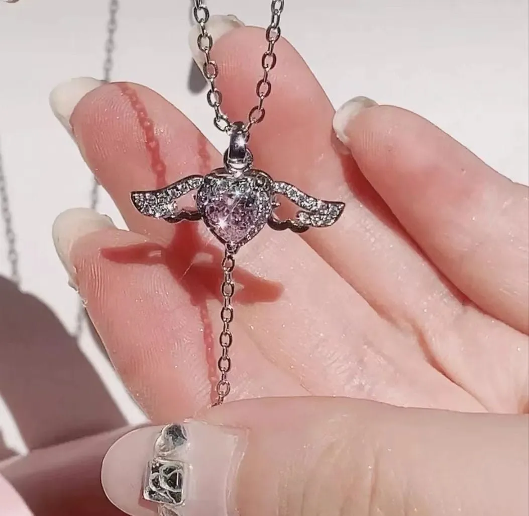 Dainty CZ Inlaid Crystal Cupid Heart Wings Matching Necklace