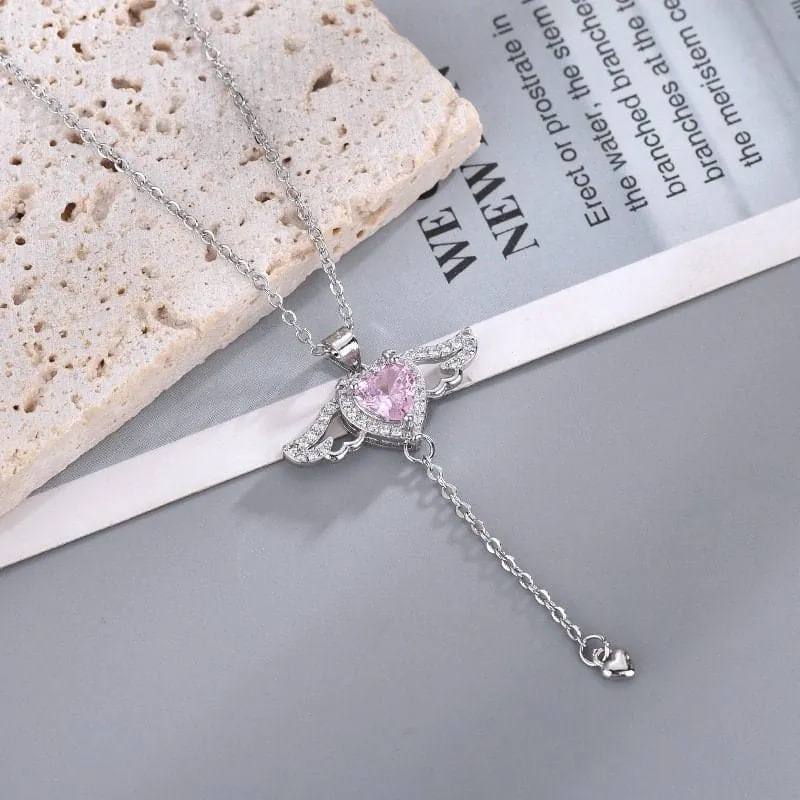 Dainty CZ Inlaid Crystal Cupid Heart Wings Matching Necklace
