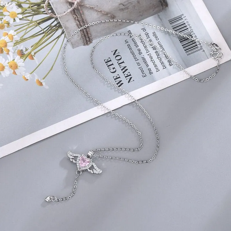 Dainty CZ Inlaid Crystal Cupid Heart Wings Matching Necklace