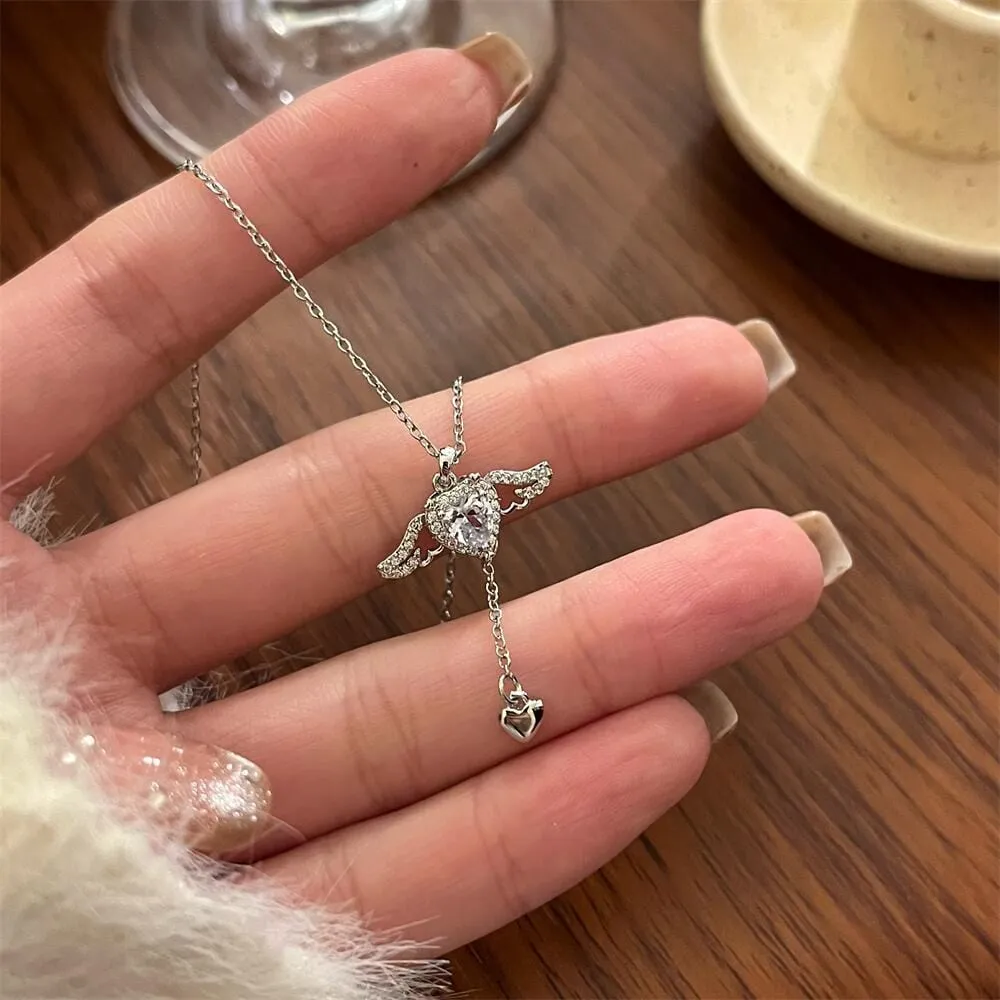 Dainty CZ Inlaid Crystal Cupid Heart Wings Matching Necklace