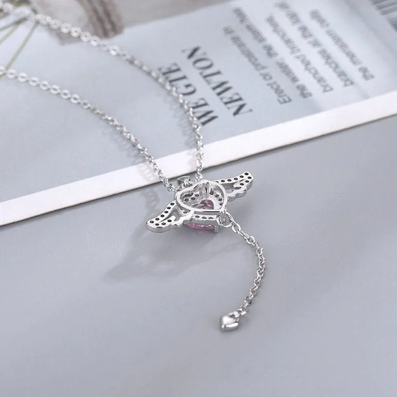 Dainty CZ Inlaid Crystal Cupid Heart Wings Matching Necklace