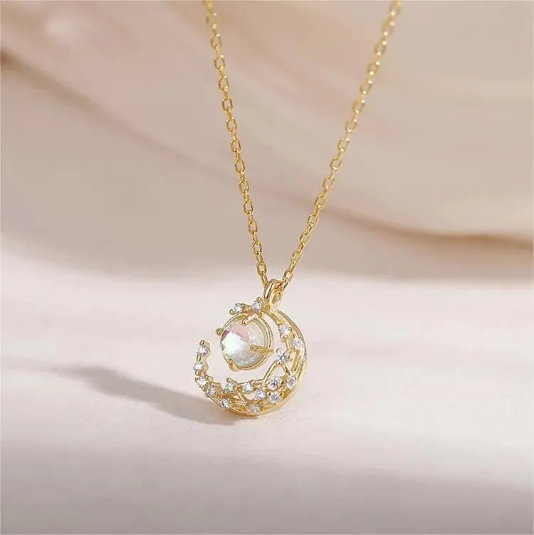 Dainty CZ Inlaid Crystal Moon Necklace