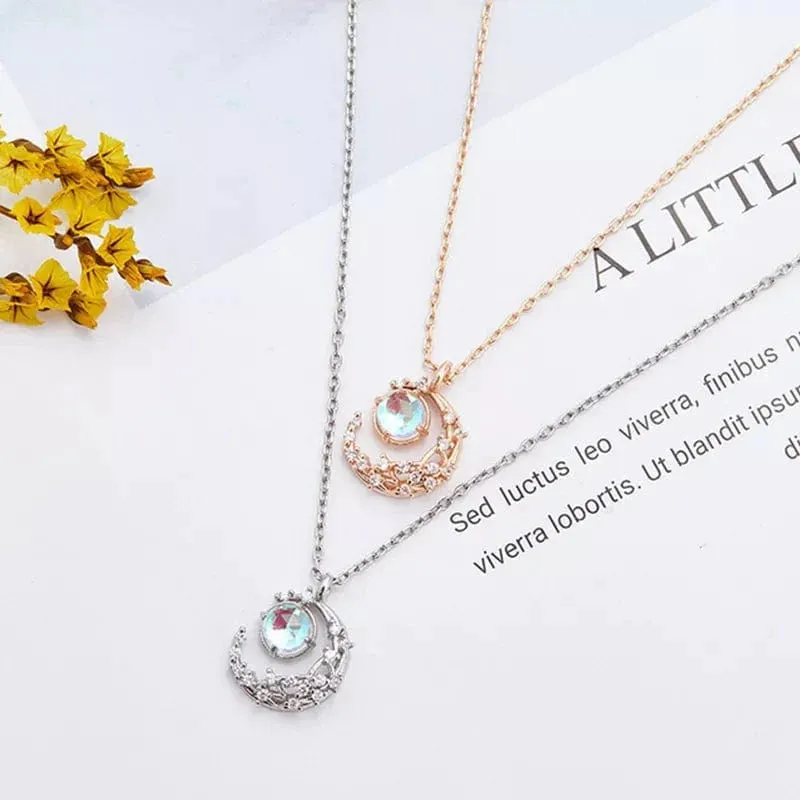 Dainty CZ Inlaid Crystal Moon Necklace