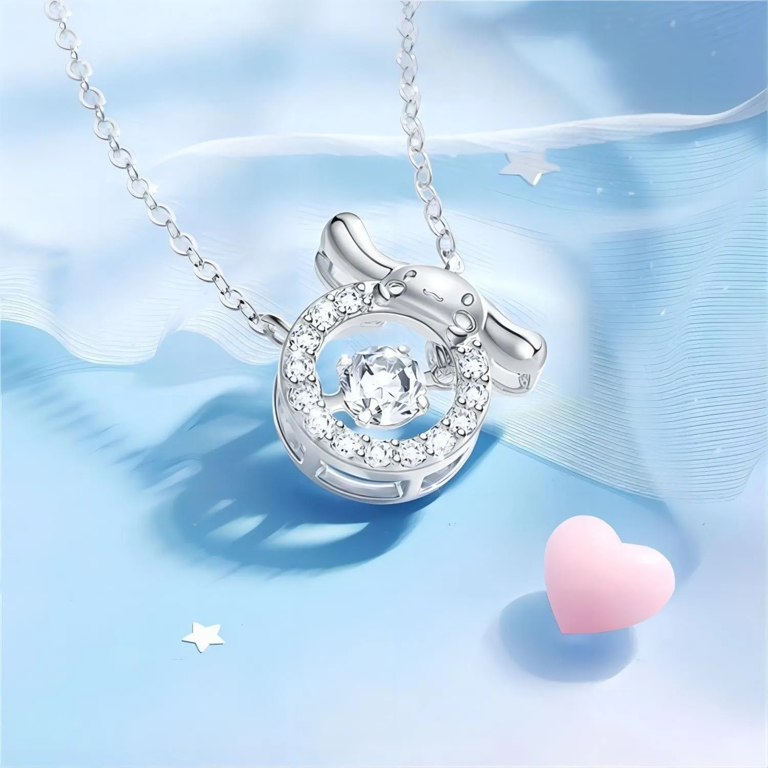 Dainty CZ Inlaid Crystal Rolling Heart Cinnamoroll Necklace