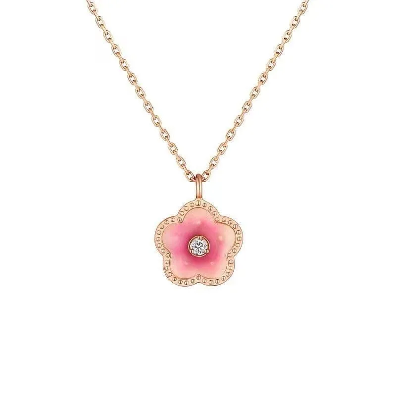 Dainty CZ Inlaid Enamel Pink Cherry Blossom Pendant Necklace