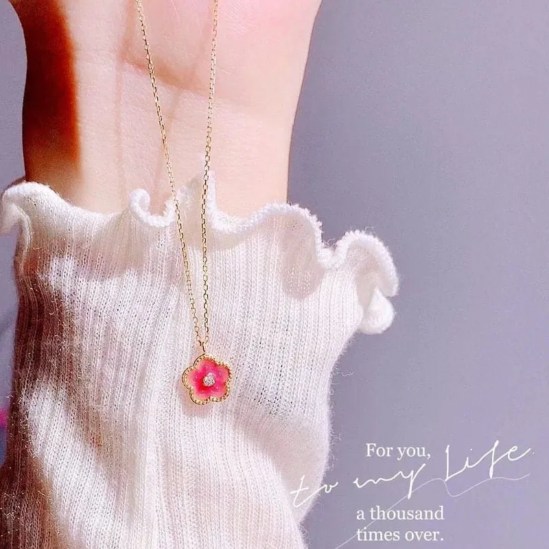 Dainty CZ Inlaid Enamel Pink Cherry Blossom Pendant Necklace