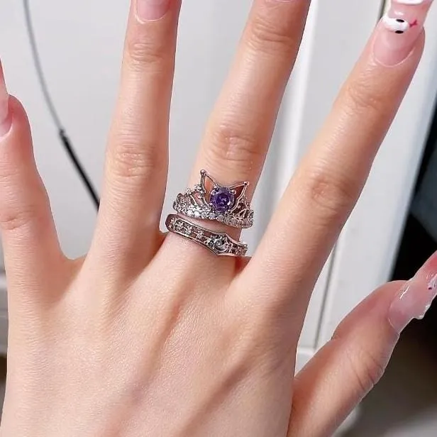 Dainty CZ Inlaid Kuromi Baku Pattern Matching Open Ring