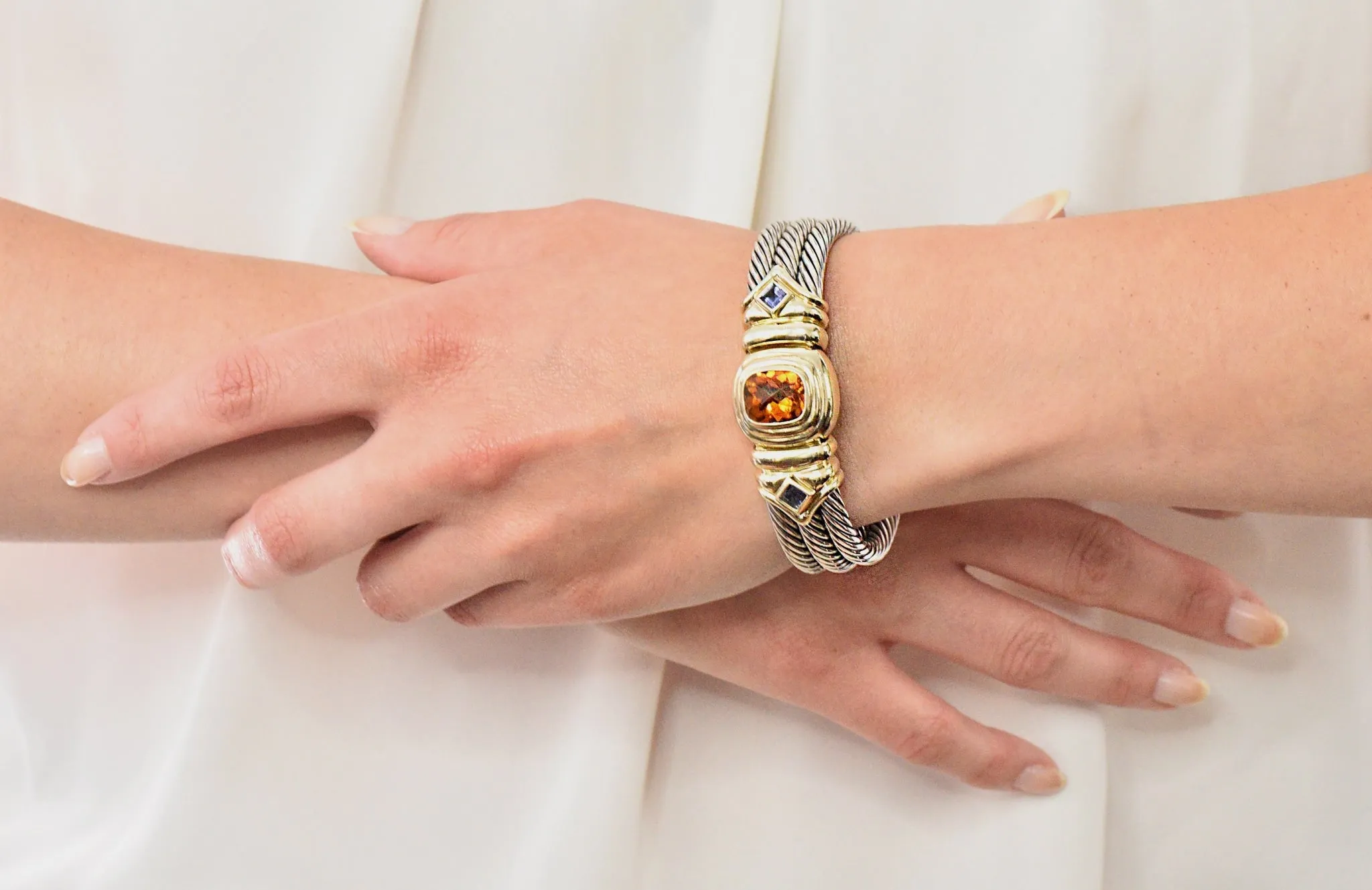 David Yurman Vintage Citrine Iolite Sterling Silver 14 Karat Gold Triple Cable Bracelet