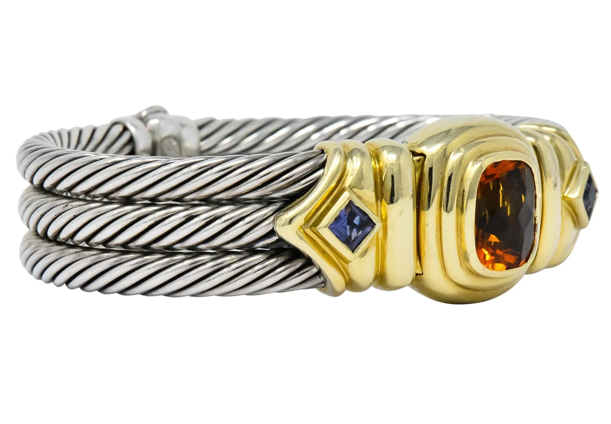 David Yurman Vintage Citrine Iolite Sterling Silver 14 Karat Gold Triple Cable Bracelet