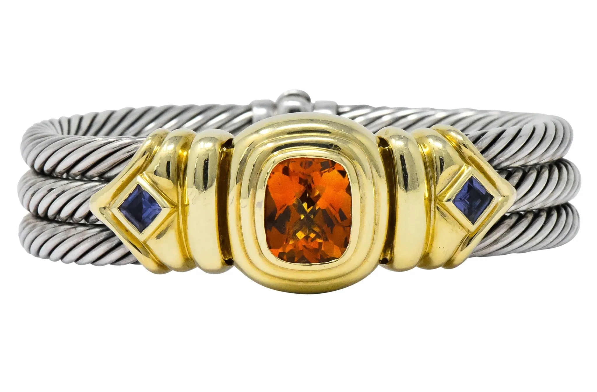 David Yurman Vintage Citrine Iolite Sterling Silver 14 Karat Gold Triple Cable Bracelet