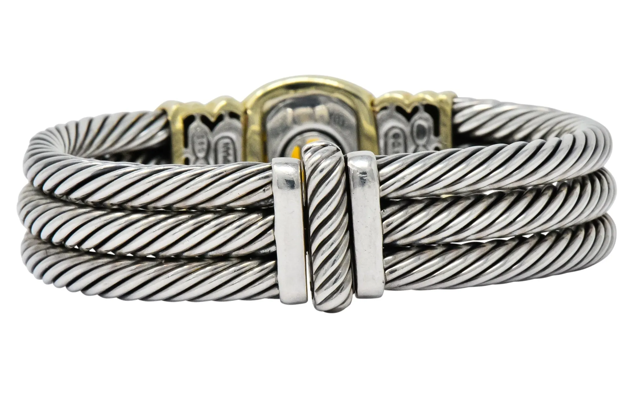 David Yurman Vintage Citrine Iolite Sterling Silver 14 Karat Gold Triple Cable Bracelet