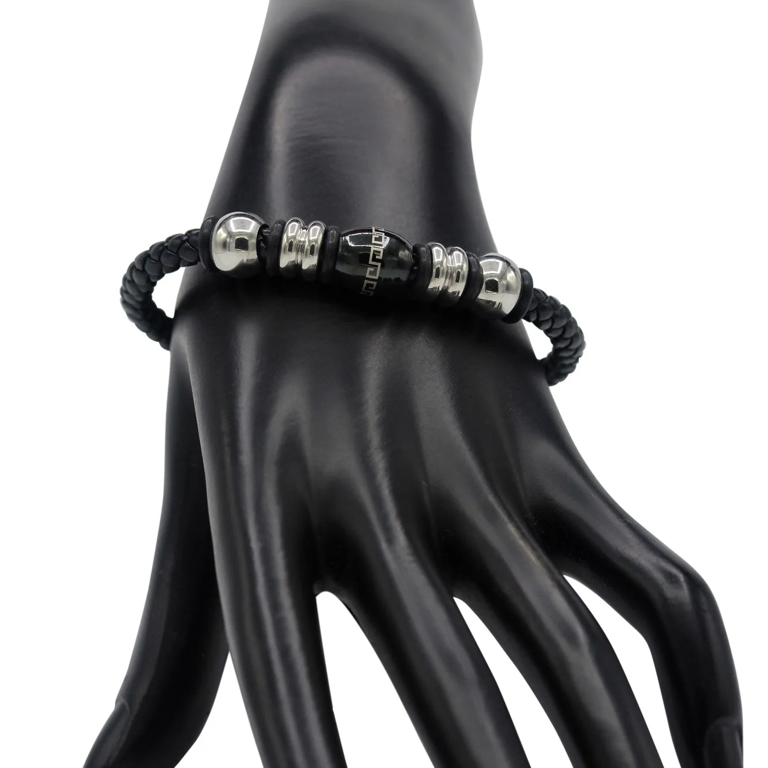 Decorative Leather Bracelet Stainless Steel Accents Magnetic Clasp (Silver/Black)