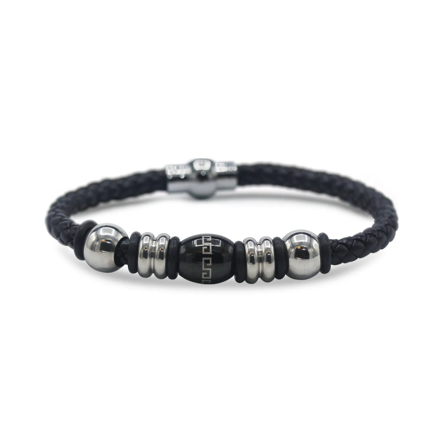 Decorative Leather Bracelet Stainless Steel Accents Magnetic Clasp (Silver/Black)