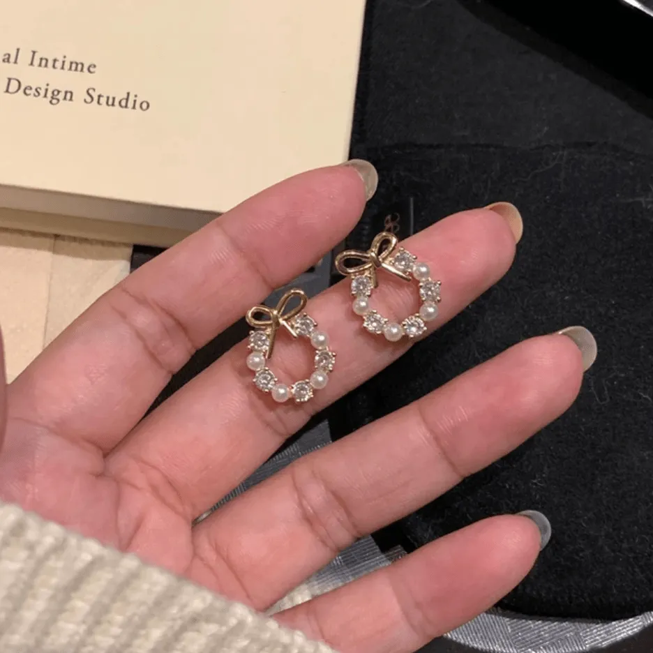 Delicate CZ Pearl Inlaid Hoop Bowknot Stud Earrings