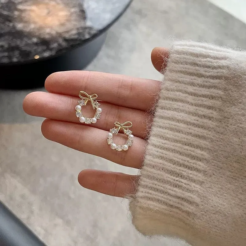 Delicate CZ Pearl Inlaid Hoop Bowknot Stud Earrings