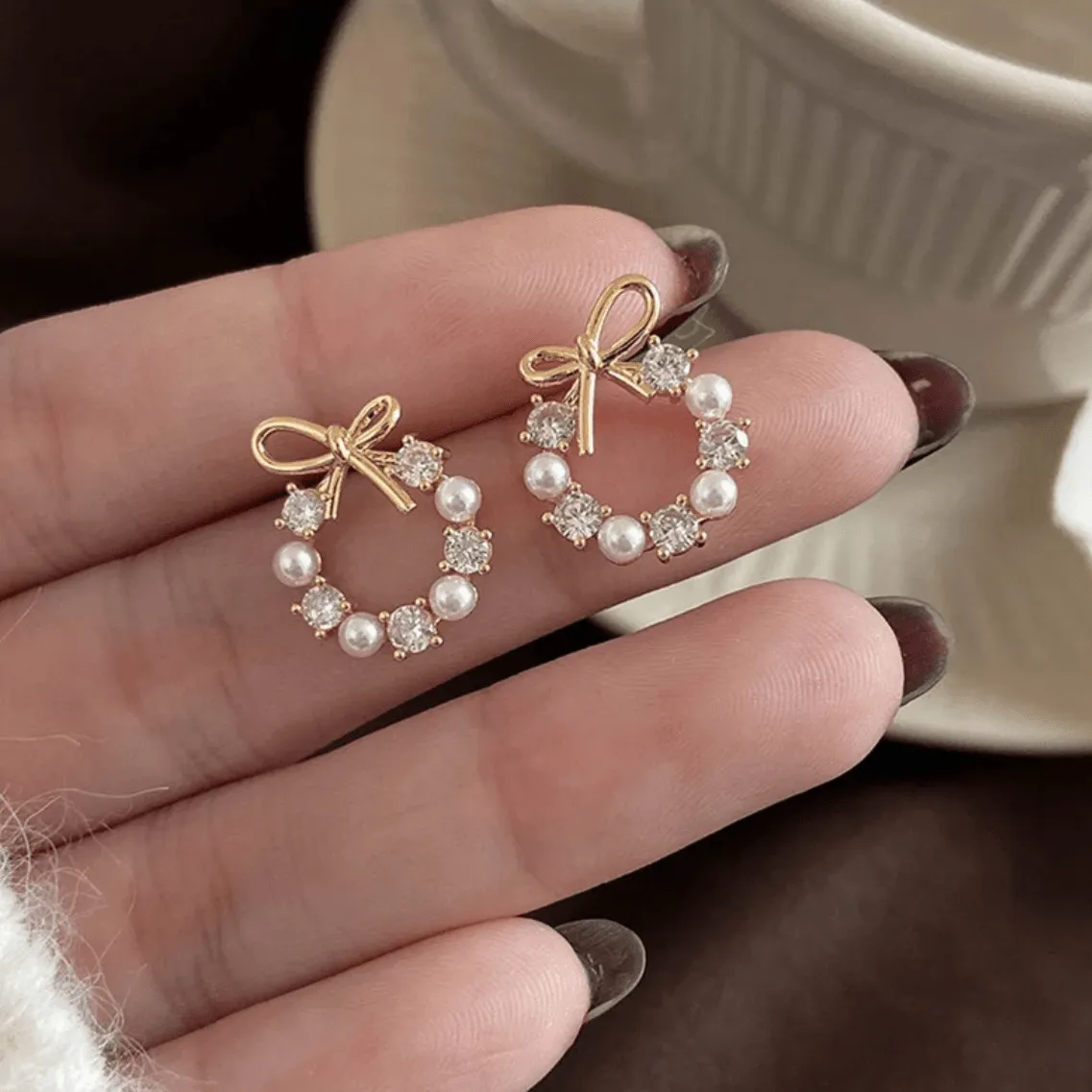 Delicate CZ Pearl Inlaid Hoop Bowknot Stud Earrings
