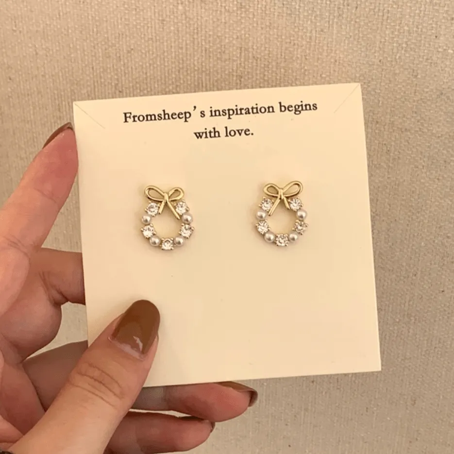 Delicate CZ Pearl Inlaid Hoop Bowknot Stud Earrings
