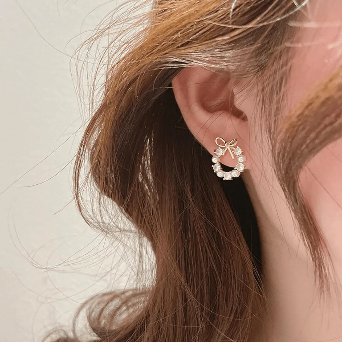 Delicate CZ Pearl Inlaid Hoop Bowknot Stud Earrings