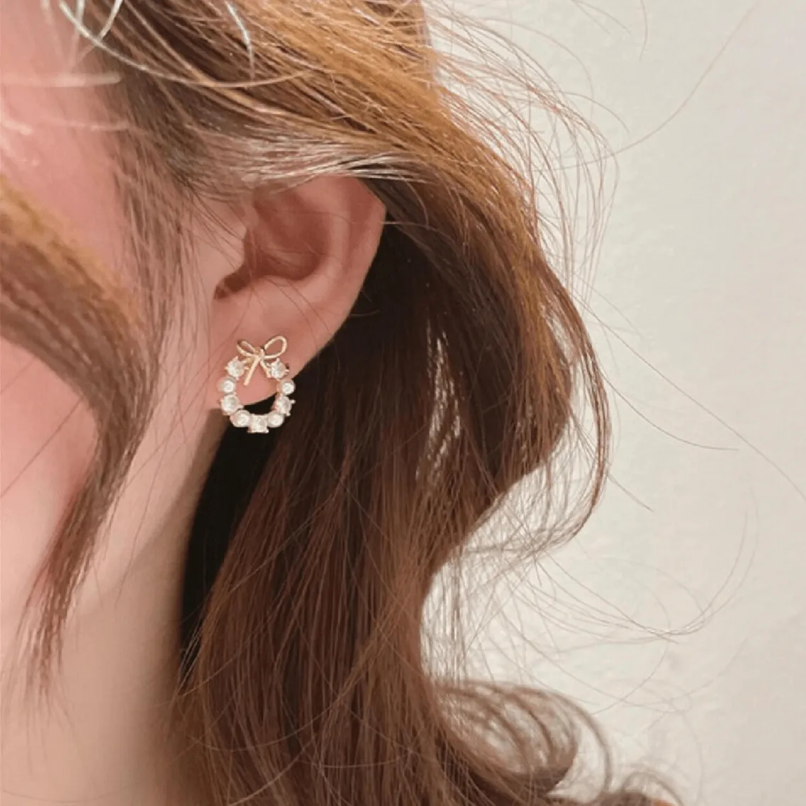 Delicate CZ Pearl Inlaid Hoop Bowknot Stud Earrings