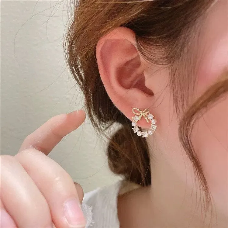 Delicate CZ Pearl Inlaid Hoop Bowknot Stud Earrings