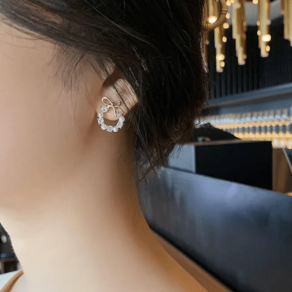 Delicate CZ Pearl Inlaid Hoop Bowknot Stud Earrings