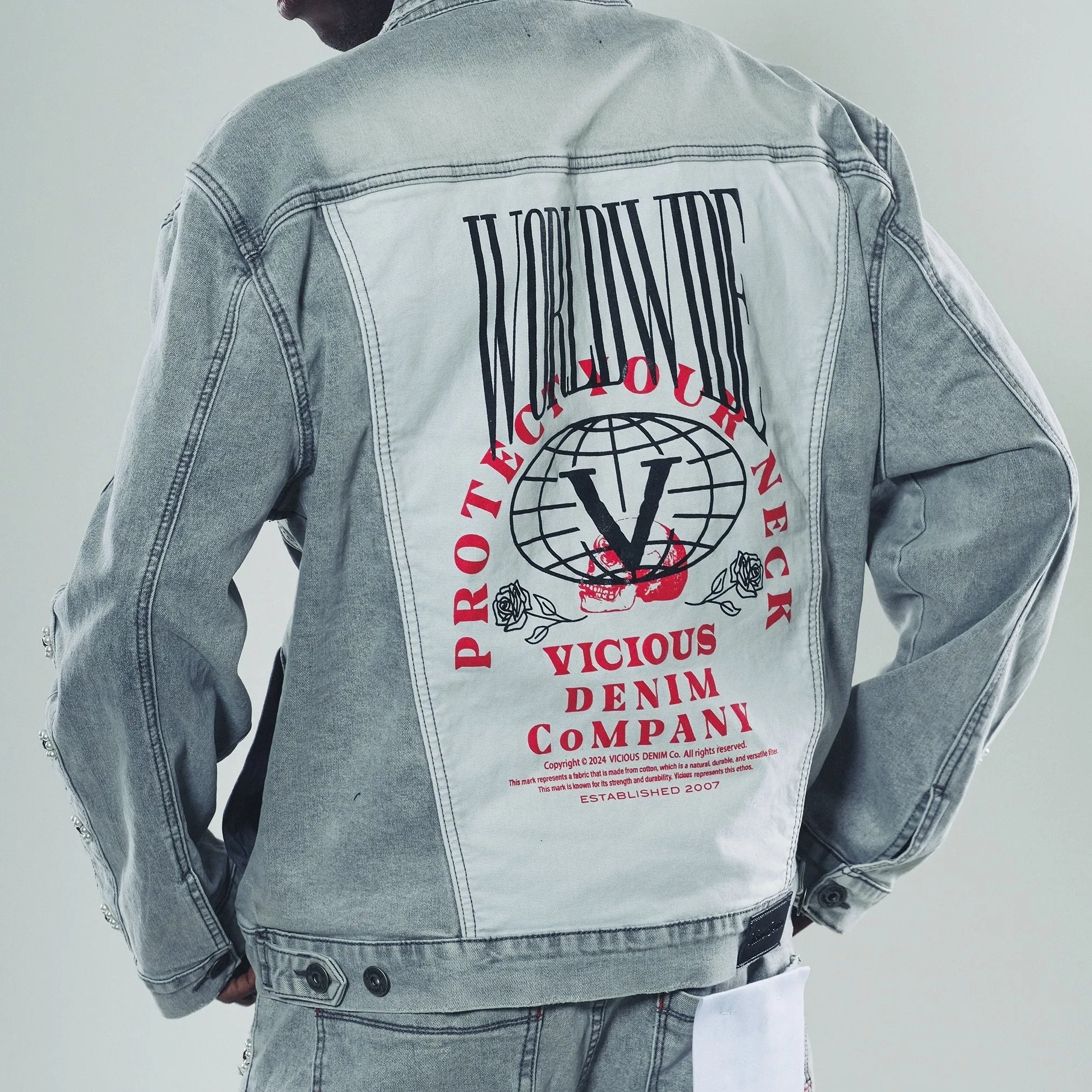 Denim jacket w/ suede cut & sew and pearl   gem stone details