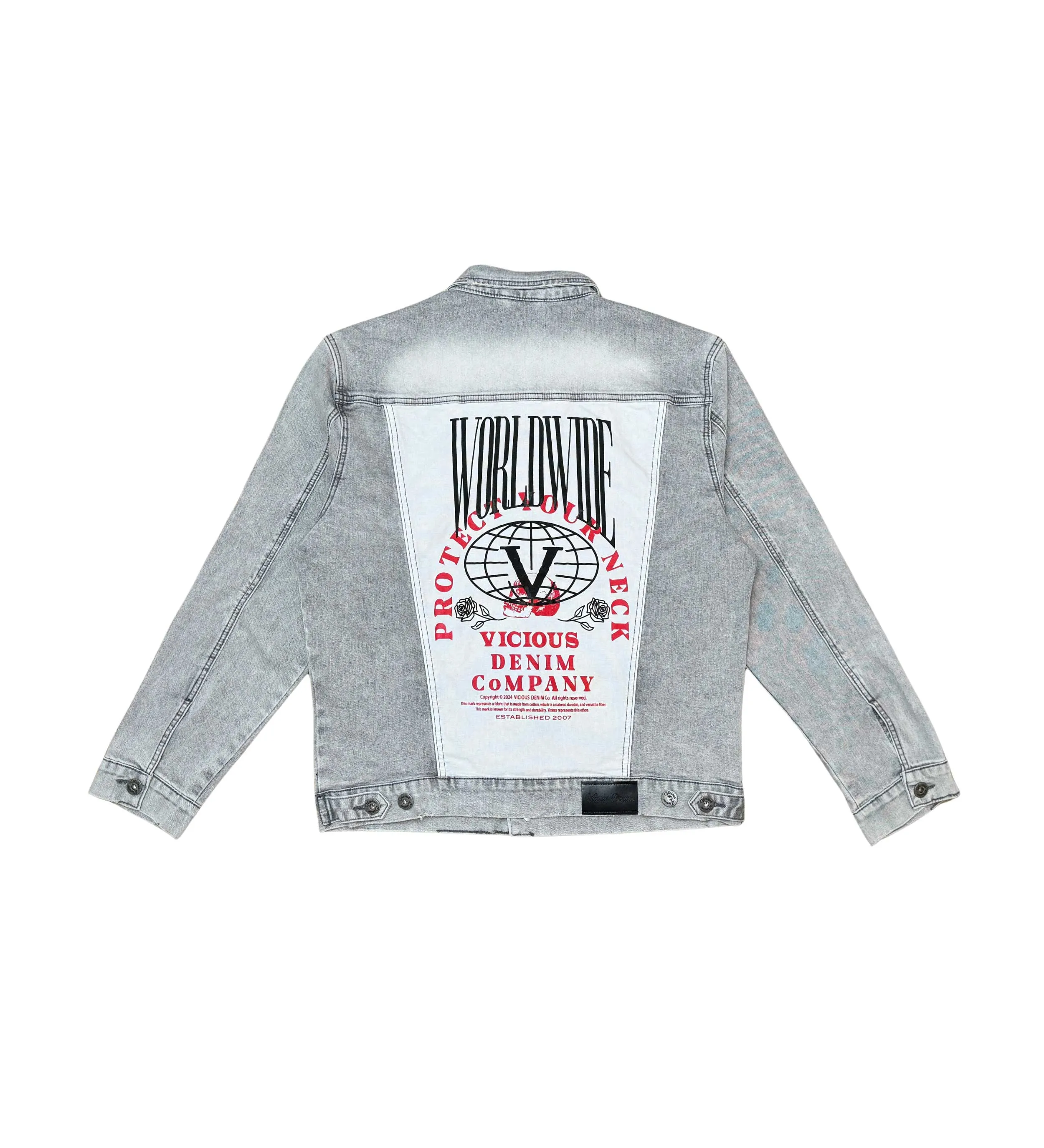 Denim jacket w/ suede cut & sew and pearl   gem stone details