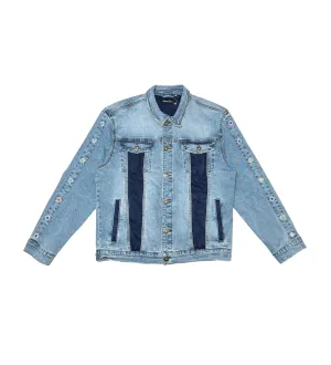 Denim jacket w/ suede cut & sew and pearl   gem stone details