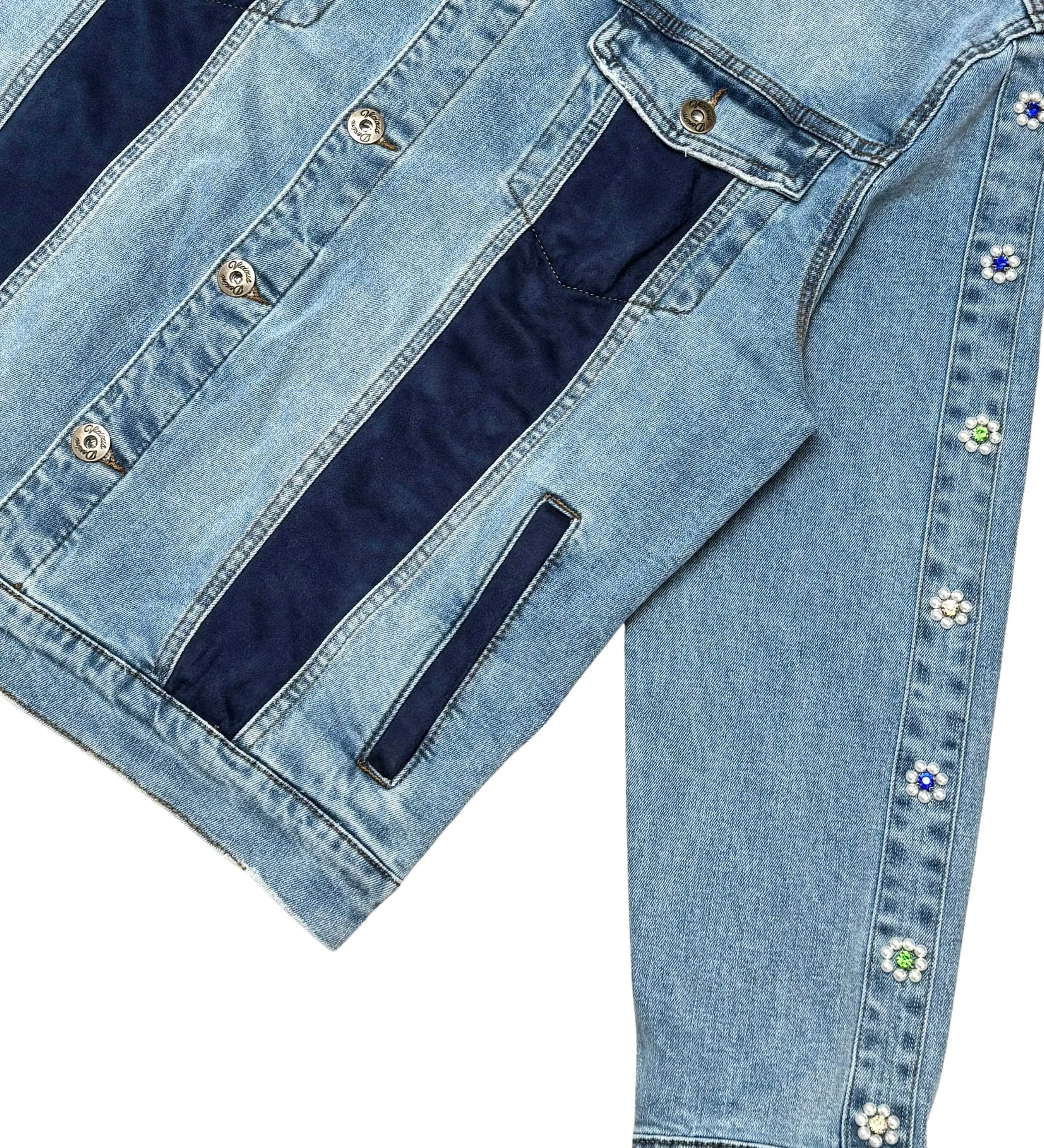 Denim jacket w/ suede cut & sew and pearl   gem stone details