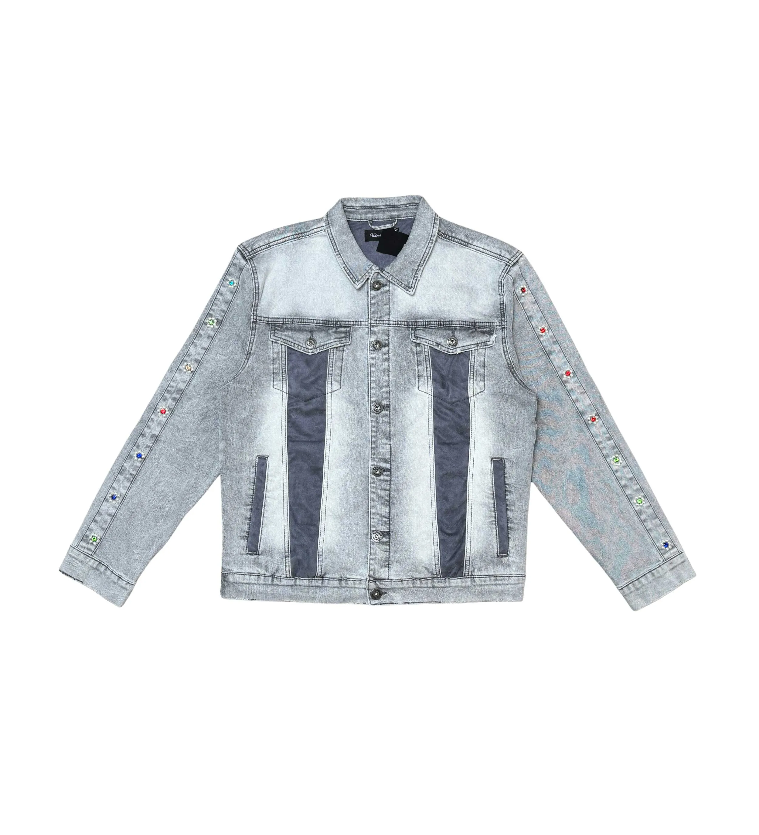Denim jacket w/ suede cut & sew and pearl   gem stone details