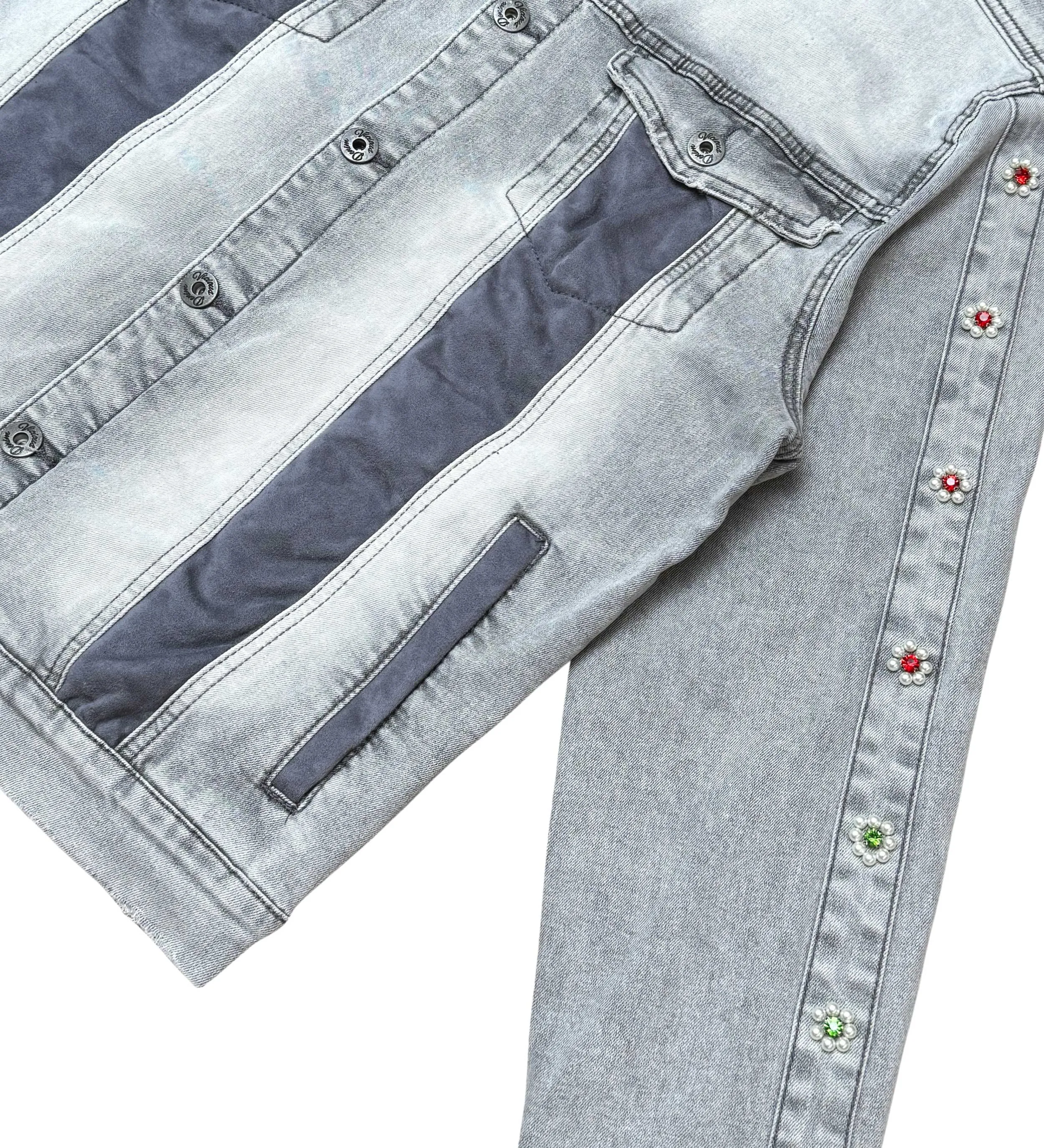 Denim jacket w/ suede cut & sew and pearl   gem stone details