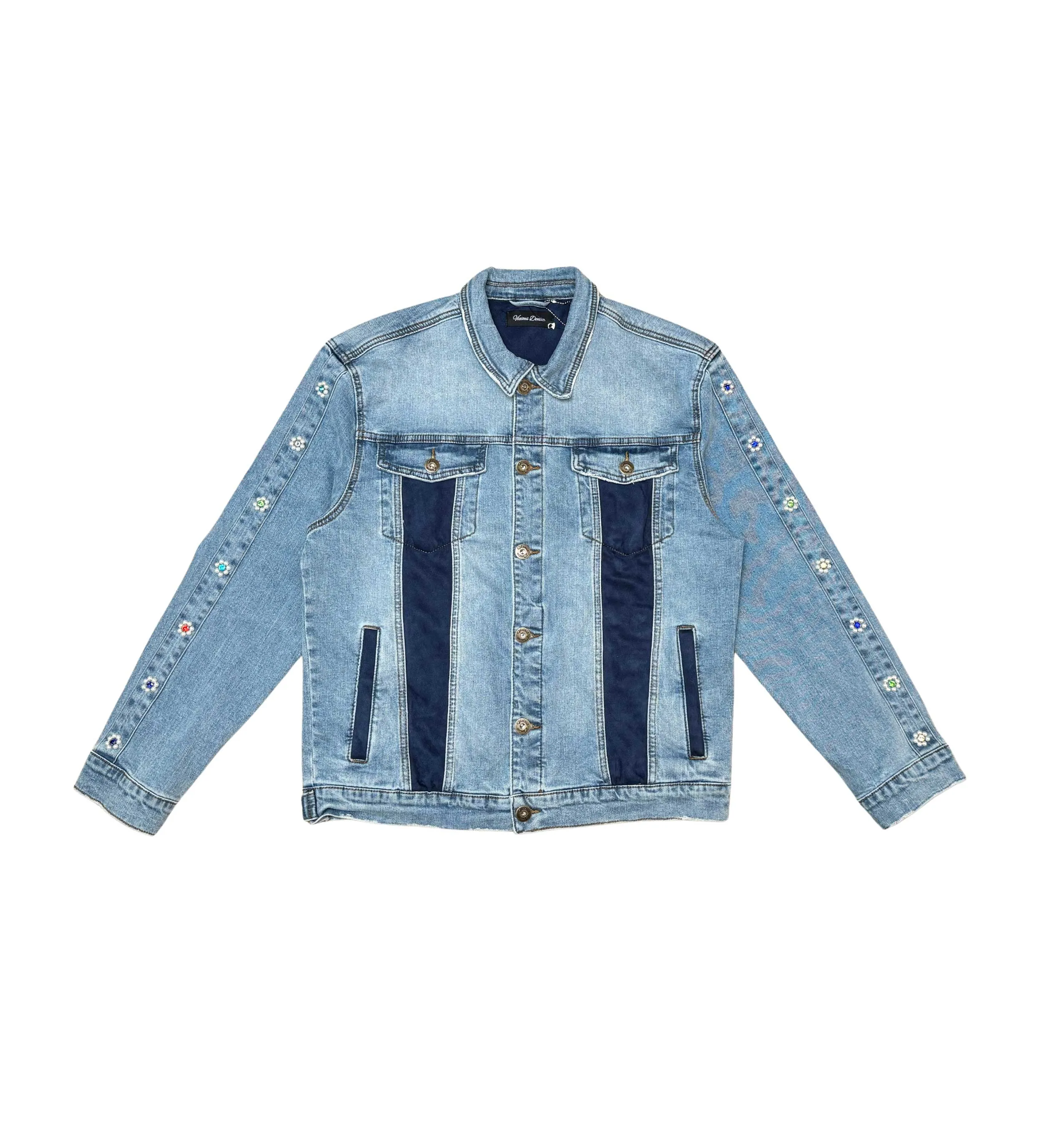Denim jacket w/ suede cut & sew and pearl   gem stone details