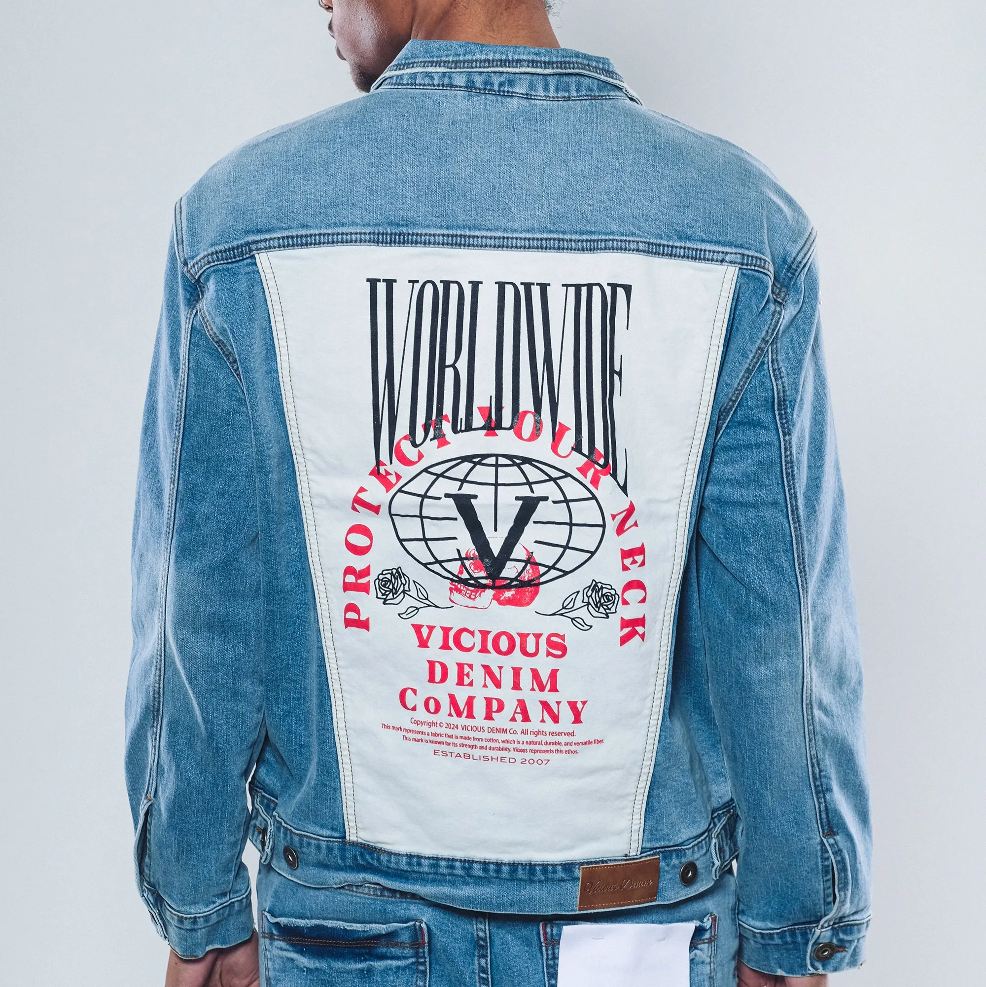 Denim jacket w/ suede cut & sew and pearl   gem stone details