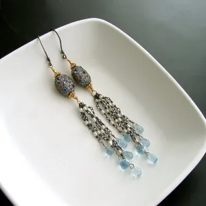 Diamond Pearls Blue Topaz Duster Tassel Earrings - Harmonie Earrings