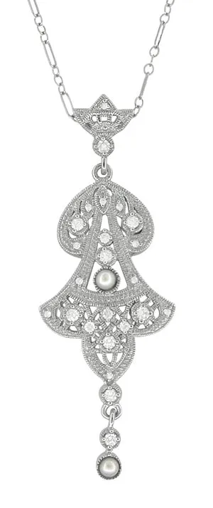 Edwardian Pearl Lavalier Drop Pendant Necklace in Sterling Silver
