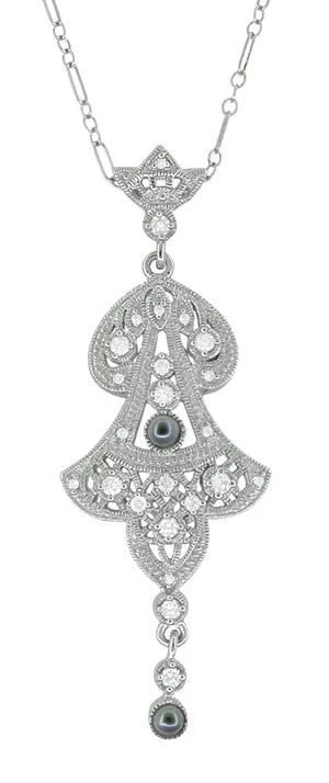 Edwardian Pearl Lavalier Drop Pendant Necklace in Sterling Silver